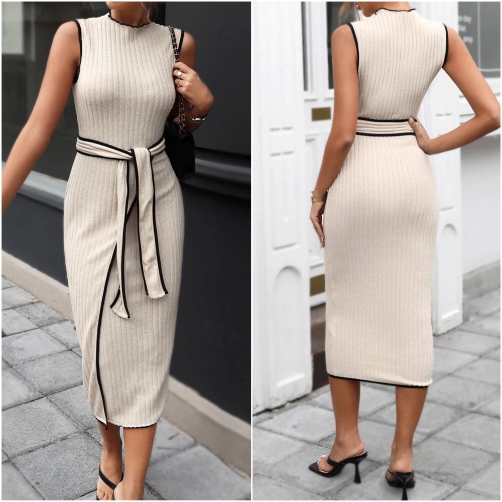 06 Ribbed Sleeveless Belted Bodycon Dress - Picture 3 of 4